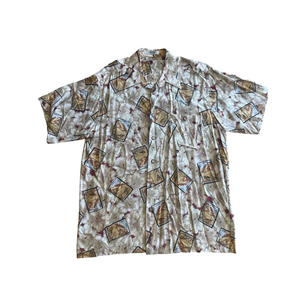 Vintage Imprints Mens Large Rayon Hawaiian Shirt‎ Scenic Landscape Hibiscus Tan